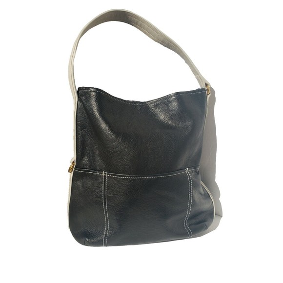 Alco Soft Leather Handbag Rowan Hobo Black Leather Ivory Trim Magnet Closer - Picture 3 of 14